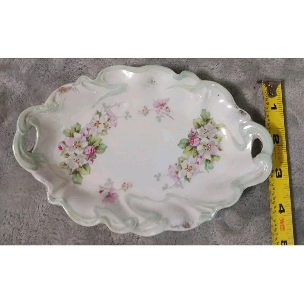Vtg PROV SXE ES Trinket Dish Tray Gold Green Trim Wild Rose 7